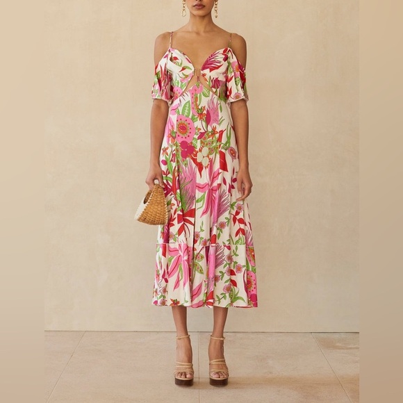 cult gaia Dresses & Skirts - Cult Gaia Dina Floral Cutout Midi Dress Linen Blend Size 4